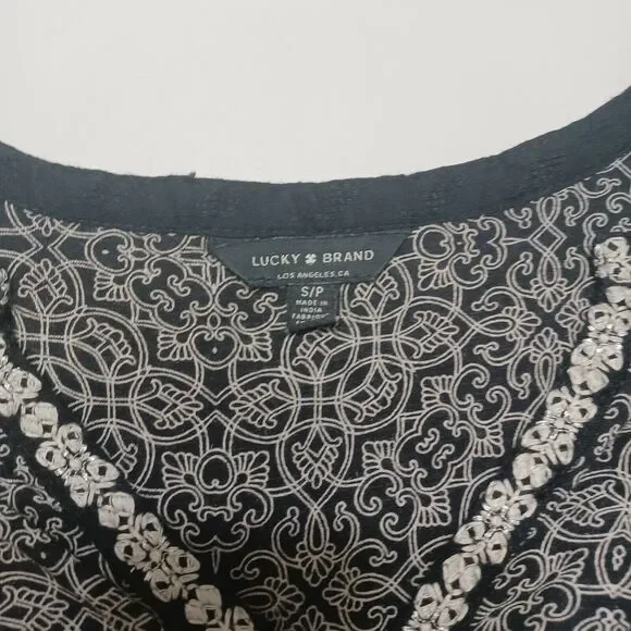 Lucky Brand Womens S Boho High Low Split Back Black Embroidered Paisley Shirt - Picture 8 of 12